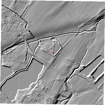 Shaded relief map of the ground around NG147FY, computed from Environment Agency LiDAR. The ground here sits at about 15 m above sea level and falls 5 m across the surrounding 800 m. Surface water reaching this point runs off ground lying to the east-north-east, 1.7 m higher.