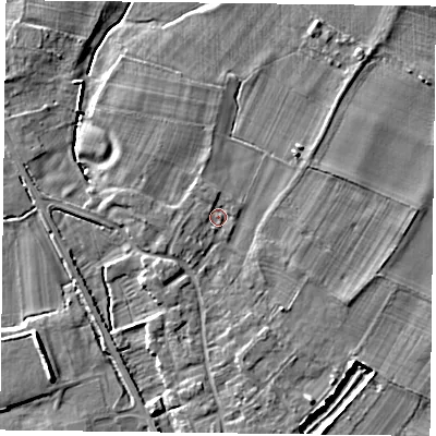 Shaded relief map of the ground around NG147FZ, computed from Environment Agency LiDAR. The ground here sits at about 18 m above sea level and falls 7 m across the surrounding 800 m. Surface water reaching this point runs off ground lying to the west-south-west, 1.5 m higher.