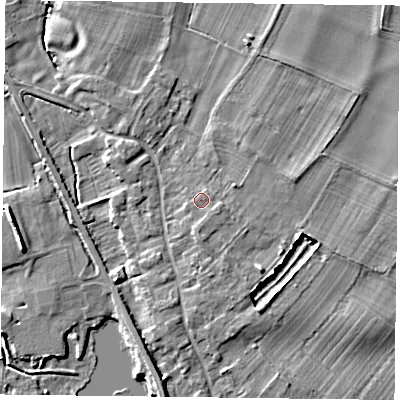 Shaded relief map of the ground around NG147GA, computed from Environment Agency LiDAR. The ground here sits at about 19 m above sea level and falls 7 m across the surrounding 800 m. Surface water reaching this point runs off ground lying to the east-south-east, 0.8 m higher.