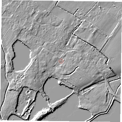 Shaded relief map of the ground around NG147GB, computed from Environment Agency LiDAR. The ground here sits at about 16 m above sea level and falls 5 m across the surrounding 800 m. Surface water reaching this point runs off ground lying to the south-south-east, 1.4 m higher.