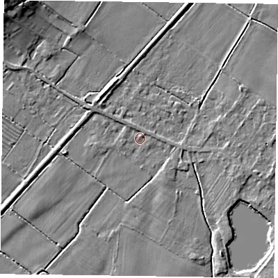 Shaded relief map of the ground around NG147GD, computed from Environment Agency LiDAR. The ground here sits at about 16 m above sea level and falls 11 m across the surrounding 800 m. Surface water reaching this point runs off ground lying to the north-north-west, 1.9 m higher.