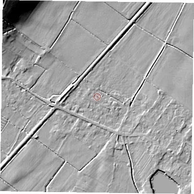 Shaded relief map of the ground around NG147GE, computed from Environment Agency LiDAR. The ground here sits at about 16 m above sea level and falls 21 m across the surrounding 800 m. Surface water reaching this point runs off ground lying to the south-east, 1.9 m higher.