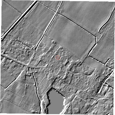 Shaded relief map of the ground around NG147GF, computed from Environment Agency LiDAR. The ground here sits at about 16 m above sea level and falls 4 m across the surrounding 800 m. The ground contributing surface water to this point lies to the north-north-west.
