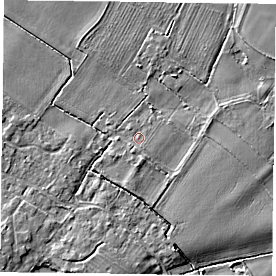 Shaded relief map of the ground around NG147GG, computed from Environment Agency LiDAR. The ground here sits at about 16 m above sea level and falls 5 m across the surrounding 800 m. Surface water reaching this point runs off ground lying to the south-south-east, 0.6 m higher.