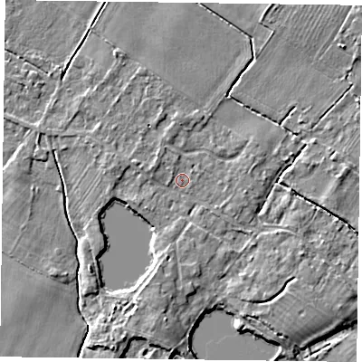 Shaded relief map of the ground around NG147GH, computed from Environment Agency LiDAR. The ground here sits at about 16 m above sea level and falls 4 m across the surrounding 800 m. Surface water reaching this point runs off ground lying to the south-south-west, 2.6 m higher.