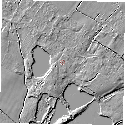 Shaded relief map of the ground around NG147GJ, computed from Environment Agency LiDAR. The ground here sits at about 17 m above sea level and falls 5 m across the surrounding 800 m. Surface water reaching this point runs off ground lying to the south-west, 1.6 m higher.