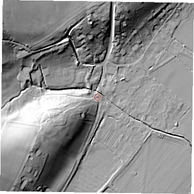 Shaded relief map of the ground around NG147GY, computed from Environment Agency LiDAR. The ground here sits at about 20 m above sea level and falls 30 m across the surrounding 800 m. Surface water reaching this point runs off ground lying to the north-west, 28.6 m higher.
