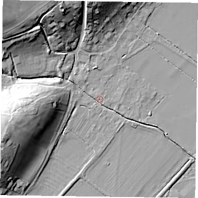 Shaded relief map of the ground around NG147HB, computed from Environment Agency LiDAR. The ground here sits at about 19 m above sea level and falls 26 m across the surrounding 800 m. Surface water reaching this point runs off ground lying to the north-west, 24.5 m higher.
