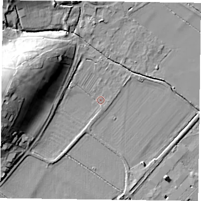Shaded relief map of the ground around NG147HD, computed from Environment Agency LiDAR. The ground here sits at about 18 m above sea level and falls 22 m across the surrounding 800 m. Surface water reaching this point runs off ground lying to the west, 20.2 m higher.