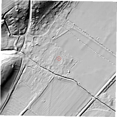 Shaded relief map of the ground around NG147HE, computed from Environment Agency LiDAR. The ground here sits at about 19 m above sea level and falls 24 m across the surrounding 800 m. Surface water reaching this point runs off ground lying to the south-south-west, 1.0 m higher.