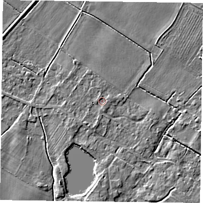 Shaded relief map of the ground around NG147HF, computed from Environment Agency LiDAR. The ground here sits at about 16 m above sea level and falls 4 m across the surrounding 800 m. Surface water reaching this point runs off ground lying to the south-west, 1.8 m higher.