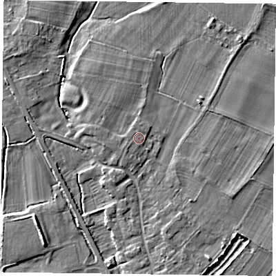 Shaded relief map of the ground around NG147HP, computed from Environment Agency LiDAR. The ground here sits at about 19 m above sea level and falls 7 m across the surrounding 800 m. Surface water reaching this point runs off ground lying to the south-west, 0.9 m higher.