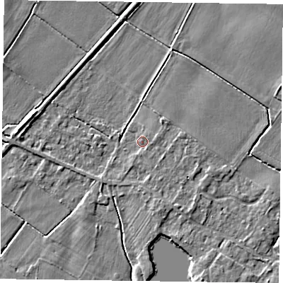 Shaded relief map of the ground around NG147HZ, computed from Environment Agency LiDAR. The ground here sits at about 16 m above sea level and falls 4 m across the surrounding 800 m. Surface water reaching this point runs off ground lying to the south-east, 1.0 m higher.