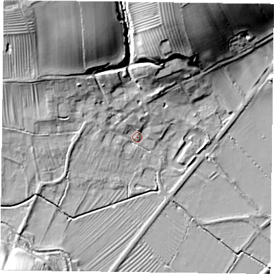 Shaded relief map of the ground around NG147JA, computed from Environment Agency LiDAR. The ground here sits at about 21 m above sea level and falls 29 m across the surrounding 800 m. Surface water reaching this point runs off ground lying to the north-north-west, 25.3 m higher.