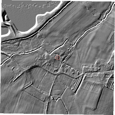 Shaded relief map of the ground around NG147JG, computed from Environment Agency LiDAR. The ground here sits at about 17 m above sea level and falls 3 m across the surrounding 800 m. Surface water reaching this point runs off ground lying to the west, 0.9 m higher.