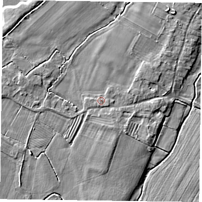 Shaded relief map of the ground around NG147JH, computed from Environment Agency LiDAR. The ground here sits at about 17 m above sea level and falls 4 m across the surrounding 800 m. Surface water reaching this point runs off ground lying to the south-east, 0.7 m higher.