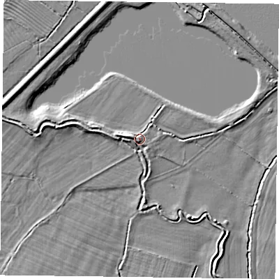 Shaded relief map of the ground around NG147JJ, computed from Environment Agency LiDAR. The ground here sits at about 19 m above sea level and falls 5 m across the surrounding 800 m. Surface water reaching this point runs off ground lying to the west-north-west, 2.5 m higher.
