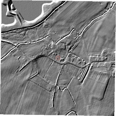 Shaded relief map of the ground around NG147JL, computed from Environment Agency LiDAR. The ground here sits at about 16 m above sea level and falls 4 m across the surrounding 800 m. Surface water reaching this point runs off ground lying to the north, 1.2 m higher.