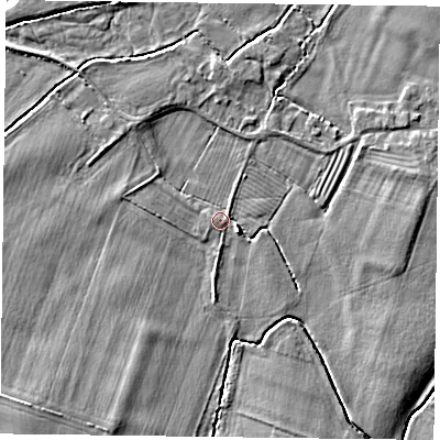 Shaded relief map of the ground around NG147JN, computed from Environment Agency LiDAR. The ground here sits at about 16 m above sea level and falls 4 m across the surrounding 800 m. Surface water reaching this point runs off ground lying to the south-west, 1.9 m higher.