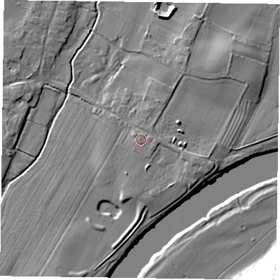 Shaded relief map of the ground around NG147JP, computed from Environment Agency LiDAR. The ground here sits at about 18 m above sea level and falls 36 m across the surrounding 800 m. Surface water reaching this point runs off ground lying to the east, 0.9 m higher.