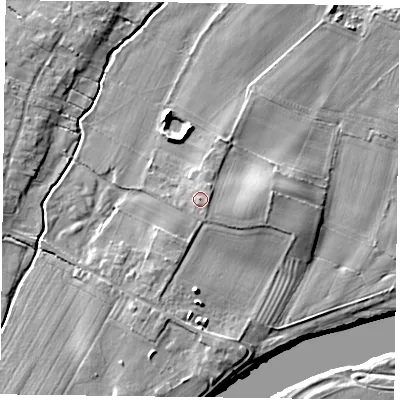Shaded relief map of the ground around NG147JQ, computed from Environment Agency LiDAR. The ground here sits at about 18 m above sea level and falls 9 m across the surrounding 800 m. Surface water reaching this point runs off ground lying to the east-north-east, 1.5 m higher.