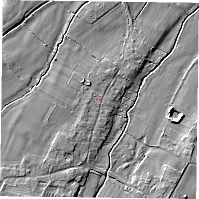 Shaded relief map of the ground around NG147JR, computed from Environment Agency LiDAR. The ground here sits at about 17 m above sea level and falls 6 m across the surrounding 800 m. Surface water reaching this point runs off ground lying to the north-north-west, 1.6 m higher.