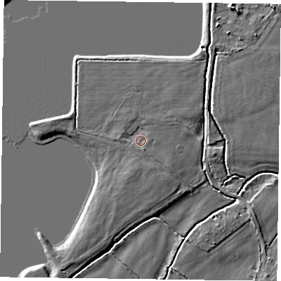 Shaded relief map of the ground around NG147JS, computed from Environment Agency LiDAR. The ground here sits at about 17 m above sea level and falls 6 m across the surrounding 800 m. Surface water reaching this point runs off ground lying to the south-south-east, 0.9 m higher.