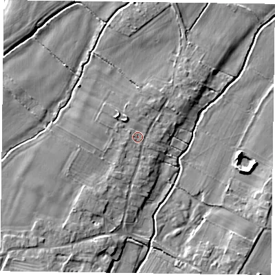 Shaded relief map of the ground around NG147JT, computed from Environment Agency LiDAR. The ground here sits at about 17 m above sea level and falls 6 m across the surrounding 800 m. Surface water reaching this point runs off ground lying to the north-north-west, 1.6 m higher.