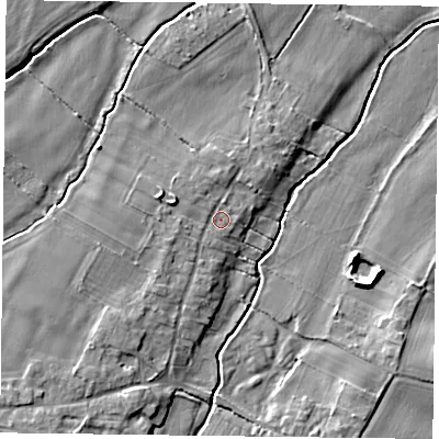Shaded relief map of the ground around NG147JU, computed from Environment Agency LiDAR. The ground here sits at about 17 m above sea level and falls 6 m across the surrounding 800 m. Surface water reaching this point runs off ground lying to the west-north-west, 1.6 m higher.