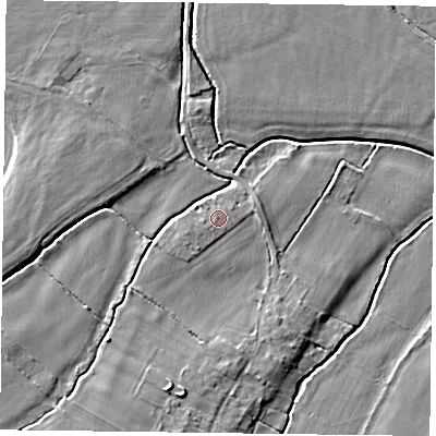 Shaded relief map of the ground around NG147JW, computed from Environment Agency LiDAR. The ground here sits at about 17 m above sea level and falls 4 m across the surrounding 800 m. Surface water reaching this point runs off ground lying to the west-south-west, 0.6 m higher.