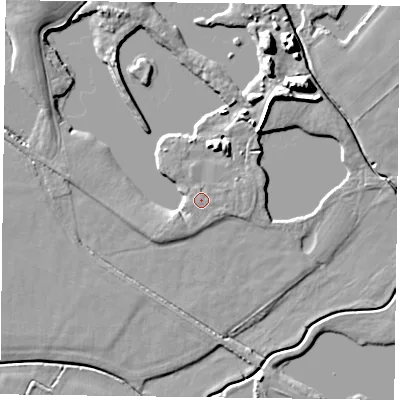 Shaded relief map of the ground around NG147JX, computed from Environment Agency LiDAR. The ground here sits at about 17 m above sea level and falls 10 m across the surrounding 800 m. The ground contributing surface water to this point lies to the south.
