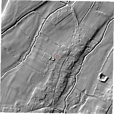 Shaded relief map of the ground around NG147JZ, computed from Environment Agency LiDAR. The ground here sits at about 17 m above sea level and falls 6 m across the surrounding 800 m. Surface water reaching this point runs off ground lying to the west-south-west, 1.2 m higher.