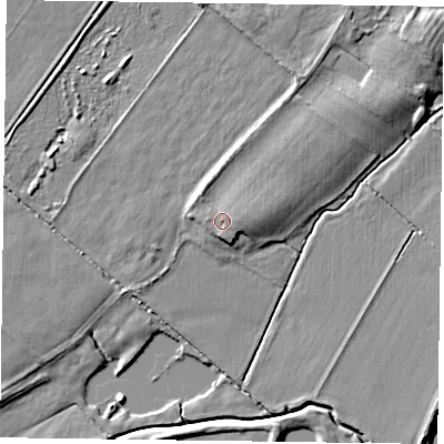 Shaded relief map of the ground around NG147LS, computed from Environment Agency LiDAR. The ground here sits at about 17 m above sea level and falls 6 m across the surrounding 800 m. Surface water reaching this point runs off ground lying to the east, 0.8 m higher.