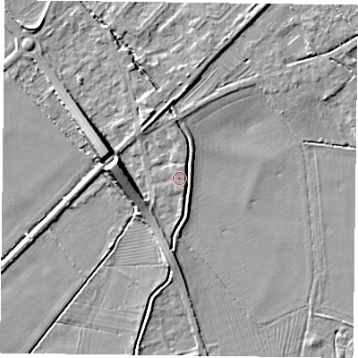 Shaded relief map of the ground around NG147PA, computed from Environment Agency LiDAR. The ground here sits at about 20 m above sea level and falls 10 m across the surrounding 800 m. Surface water reaching this point runs off ground lying to the west-north-west, 7.8 m higher.