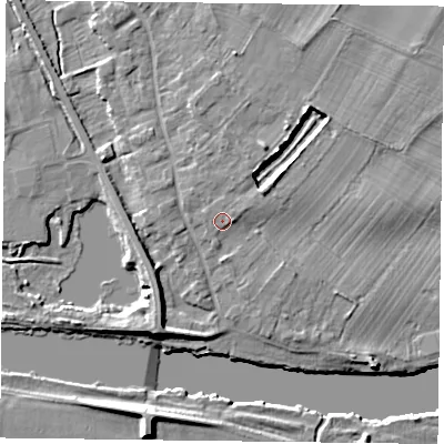Shaded relief map of the ground around NG147RA, computed from Environment Agency LiDAR. The ground here sits at about 19 m above sea level and falls 8 m across the surrounding 800 m. Surface water reaching this point runs off ground lying to the north, 0.8 m higher.