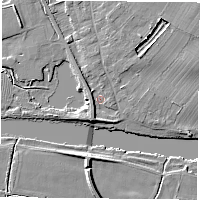 Shaded relief map of the ground around NG147RP, computed from Environment Agency LiDAR. The ground here sits at about 17 m above sea level and falls 8 m across the surrounding 800 m. Surface water reaching this point runs off ground lying to the south-south-west, 4.6 m higher.