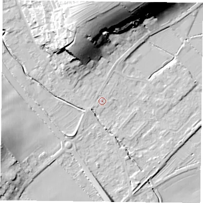 Shaded relief map of the ground around NG147WA, computed from Environment Agency LiDAR. The ground here sits at about 21 m above sea level and falls 33 m across the surrounding 800 m. Surface water reaching this point runs off ground lying to the north, 29.9 m higher.