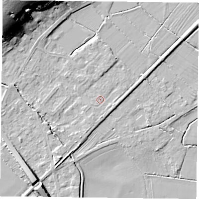 Shaded relief map of the ground around NG147WD, computed from Environment Agency LiDAR. The ground here sits at about 20 m above sea level and falls 28 m across the surrounding 800 m. Surface water reaching this point runs off ground lying to the south-south-west, 1.1 m higher.