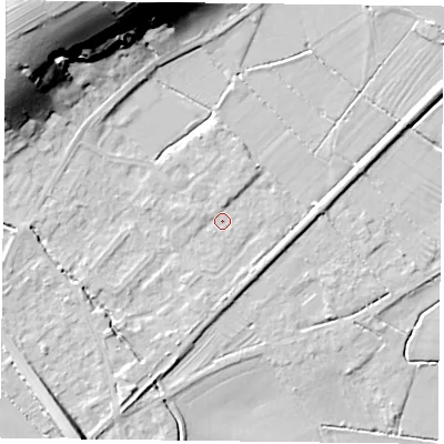 Shaded relief map of the ground around NG147WE, computed from Environment Agency LiDAR. The ground here sits at about 19 m above sea level and falls 34 m across the surrounding 800 m. Surface water reaching this point runs off ground lying to the north-west, 29.1 m higher.
