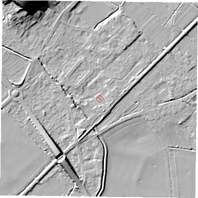 Shaded relief map of the ground around NG147WG, computed from Environment Agency LiDAR. The ground here sits at about 20 m above sea level and falls 20 m across the surrounding 800 m. Surface water reaching this point runs off ground lying to the south-south-west, 2.2 m higher.