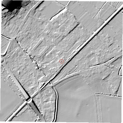 Shaded relief map of the ground around NG147WQ, computed from Environment Agency LiDAR. The ground here sits at about 20 m above sea level and falls 22 m across the surrounding 800 m. Surface water reaching this point runs off ground lying to the south-south-west, 0.7 m higher.