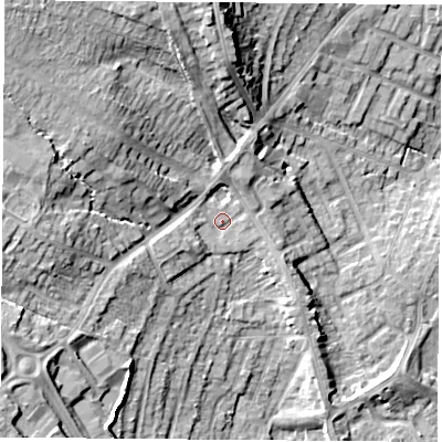 Shaded relief map of the ground around NG156EW, computed from Environment Agency LiDAR. The ground here sits at about 85 m above sea level and falls 20 m across the surrounding 800 m. Surface water reaching this point runs off ground lying to the north-west, 12.6 m higher.