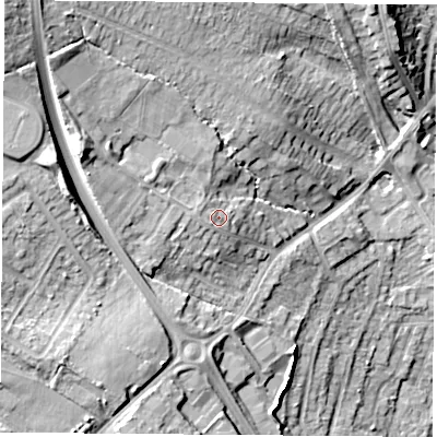 Shaded relief map of the ground around NG156EZ, computed from Environment Agency LiDAR. The ground here sits at about 93 m above sea level and falls 22 m across the surrounding 800 m. Surface water reaching this point runs off ground lying to the west-north-west, 1.0 m higher.