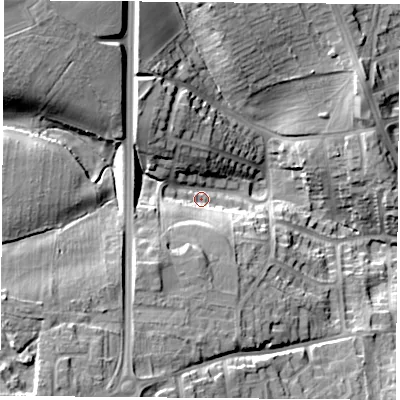 Shaded relief map of the ground around NG156LY, computed from Environment Agency LiDAR. The ground here sits at about 89 m above sea level and falls 27 m across the surrounding 800 m. Surface water reaching this point runs off ground lying to the south-west, 13.4 m higher.