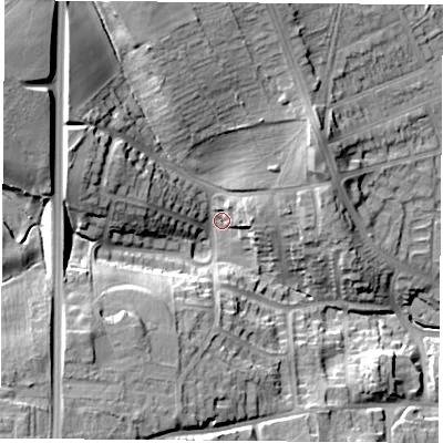 Shaded relief map of the ground around NG156LZ, computed from Environment Agency LiDAR. The ground here sits at about 87 m above sea level and falls 24 m across the surrounding 800 m. Surface water reaching this point runs off ground lying to the north-north-west, 15.8 m higher.