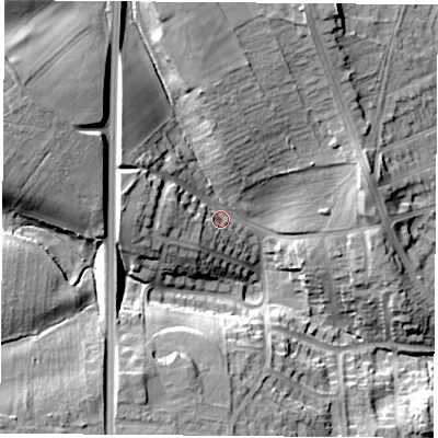 Shaded relief map of the ground around NG156ND, computed from Environment Agency LiDAR. The ground here sits at about 91 m above sea level and falls 24 m across the surrounding 800 m. Surface water reaching this point runs off ground lying to the north, 13.1 m higher.