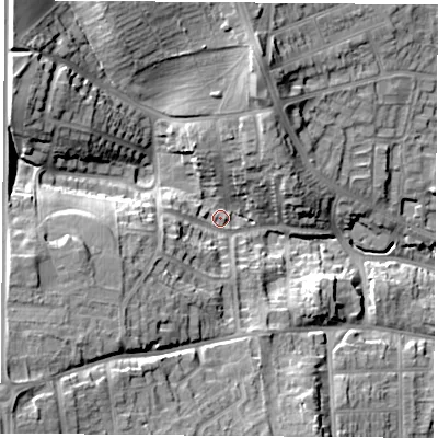 Shaded relief map of the ground around NG156NE, computed from Environment Agency LiDAR. The ground here sits at about 87 m above sea level and falls 23 m across the surrounding 800 m. Surface water reaching this point runs off ground lying to the west-south-west, 16.2 m higher.
