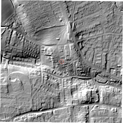 Shaded relief map of the ground around NG156NJ, computed from Environment Agency LiDAR. The ground here sits at about 90 m above sea level and falls 23 m across the surrounding 800 m. Surface water reaching this point runs off ground lying to the north-east, 6.7 m higher.