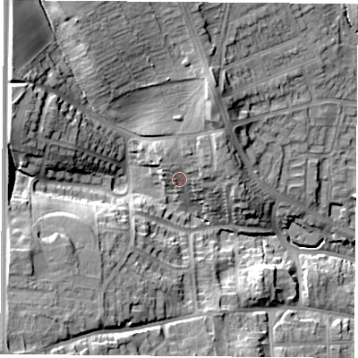 Shaded relief map of the ground around NG156NL, computed from Environment Agency LiDAR. The ground here sits at about 90 m above sea level and falls 23 m across the surrounding 800 m. Surface water reaching this point runs off ground lying to the north-east, 5.8 m higher.