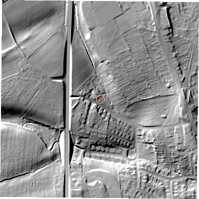 Shaded relief map of the ground around NG156QQ, computed from Environment Agency LiDAR. The ground here sits at about 94 m above sea level and falls 27 m across the surrounding 800 m. Surface water reaching this point runs off ground lying to the west-south-west, 7.9 m higher.